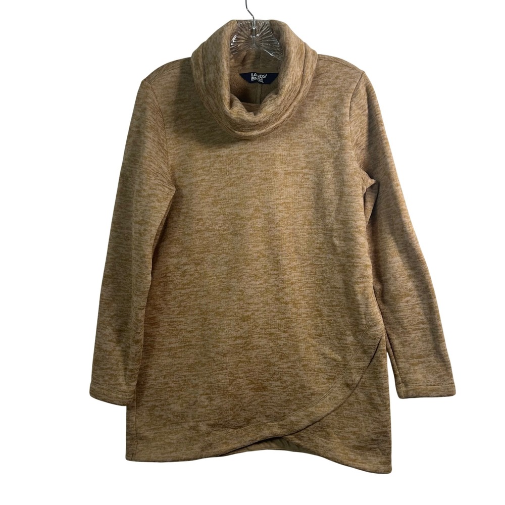 Lands‎ End Womens Tan Marled Fleece Cowl Neck Tulip Hem Tunic Sweater Small 6-8